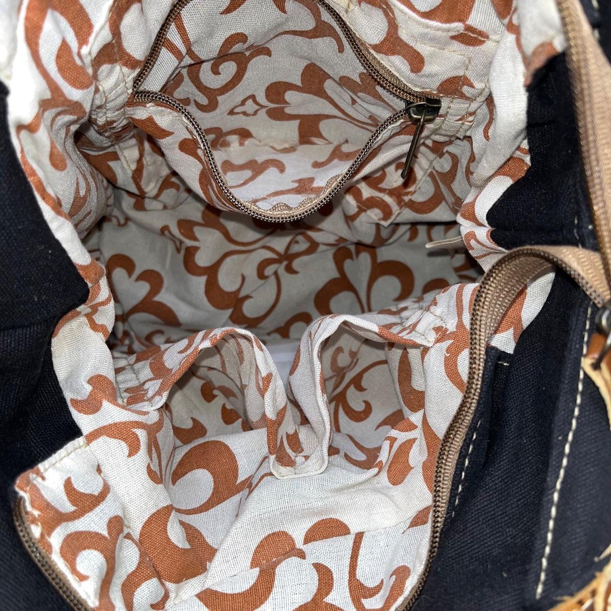 Pokoloko Women’s Multicolor Fabric & Leather Boho Pattern Handmade Tote Bag Sz M