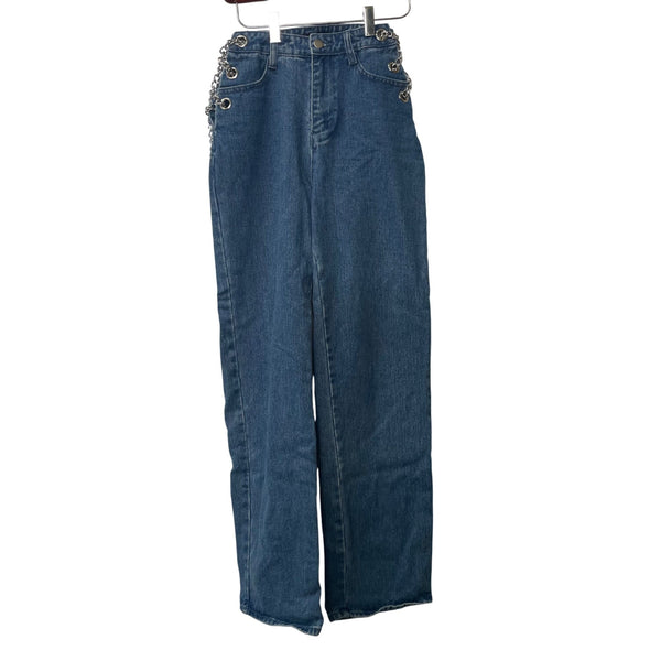 Blue Blush Womens Blue Denim Chain Detail High-Waisted Straight-Leg Jeans Size S