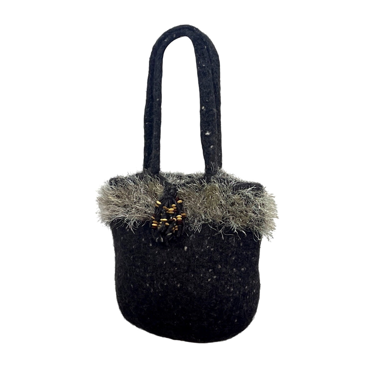 Handcrafted Gray Wool Felt With Faux Fur Trim & Beaded Accent Tote Sz M