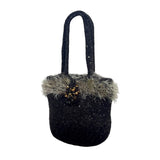 Handcrafted Gray Wool Felt With Faux Fur Trim & Beaded Accent Tote Sz M