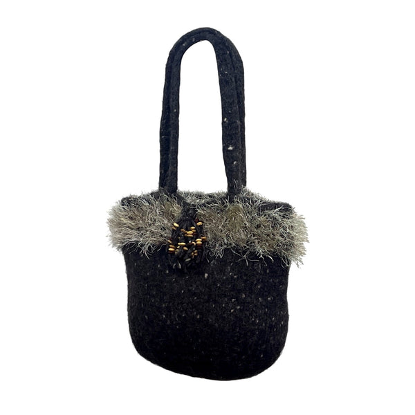 Handcrafted Gray Wool Felt With Faux Fur Trim & Beaded Accent Tote Sz M