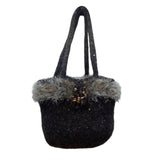 Handcrafted Gray Wool Felt With Faux Fur Trim & Beaded Accent Tote Sz M