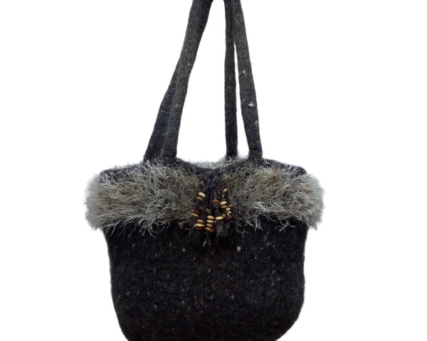Handcrafted Gray Wool Felt With Faux Fur Trim & Beaded Accent Tote Sz M