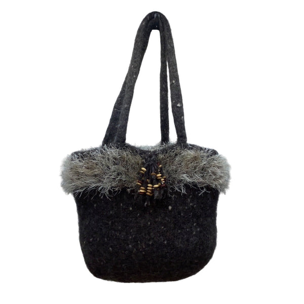 Handcrafted Gray Wool Felt With Faux Fur Trim & Beaded Accent Tote Sz M
