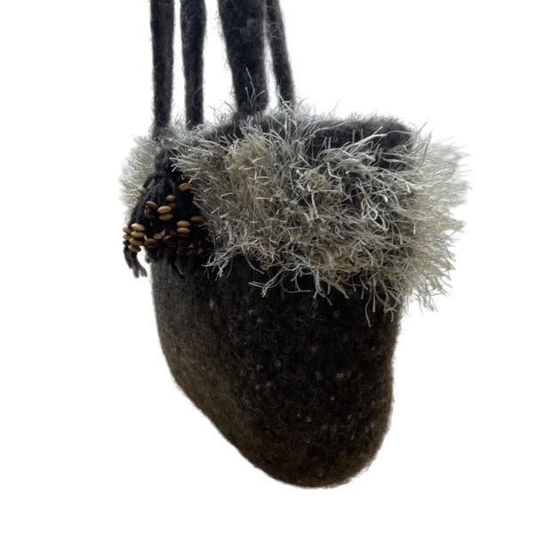 Handcrafted Gray Wool Felt With Faux Fur Trim & Beaded Accent Tote Sz M