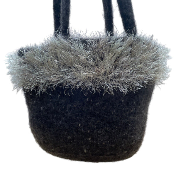 Handcrafted Gray Wool Felt With Faux Fur Trim & Beaded Accent Tote Sz M