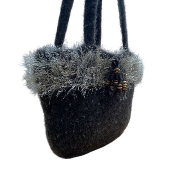 Handcrafted Gray Wool Felt With Faux Fur Trim & Beaded Accent Tote Sz M