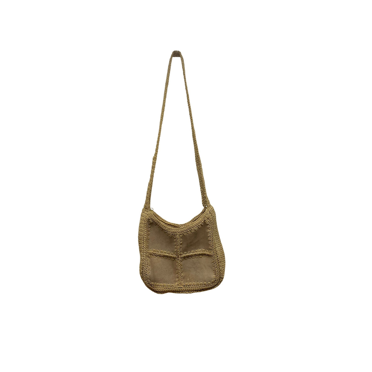 Beige Crochet Shoulder Bag With Faux Suede Panel Boho Style Handmade Medium Size