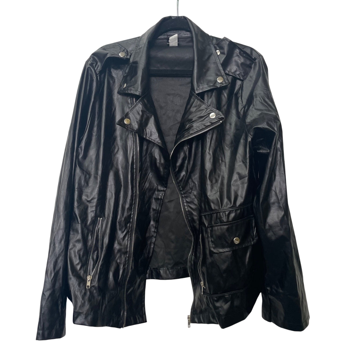Grease Men’s Black Faux Leather T-Birds Jacket Costume Zipper Pockets Size L