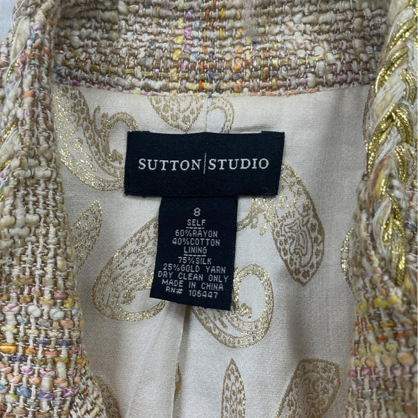Sutton Studio Women's Beige Tweed Blazer With Gold Braided Trim Sz S