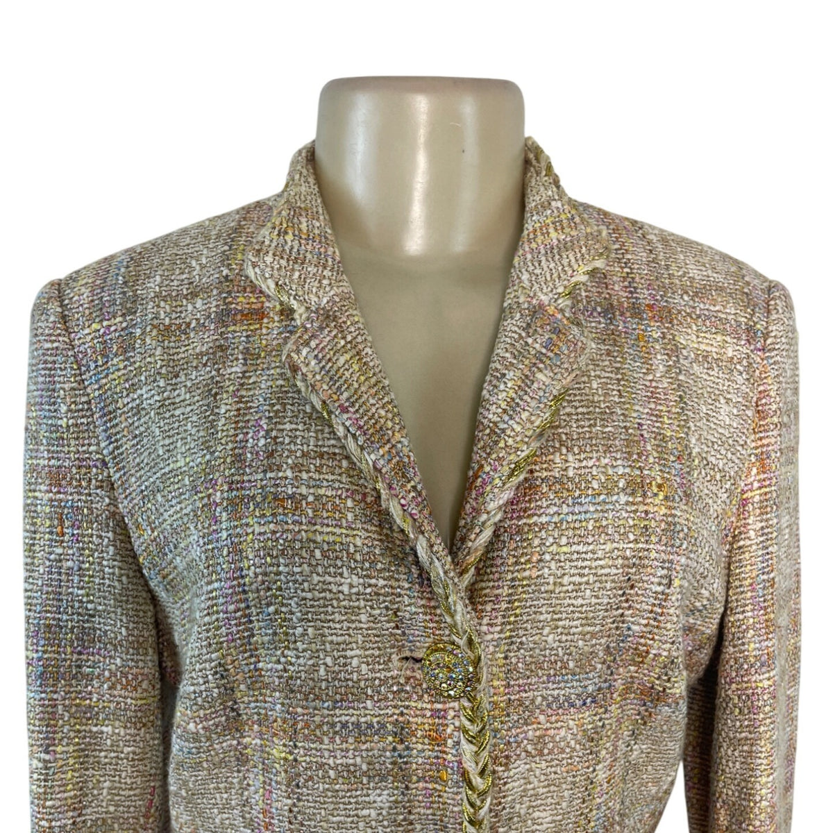Sutton Studio Women's Beige Tweed Blazer With Gold Braided Trim Sz S