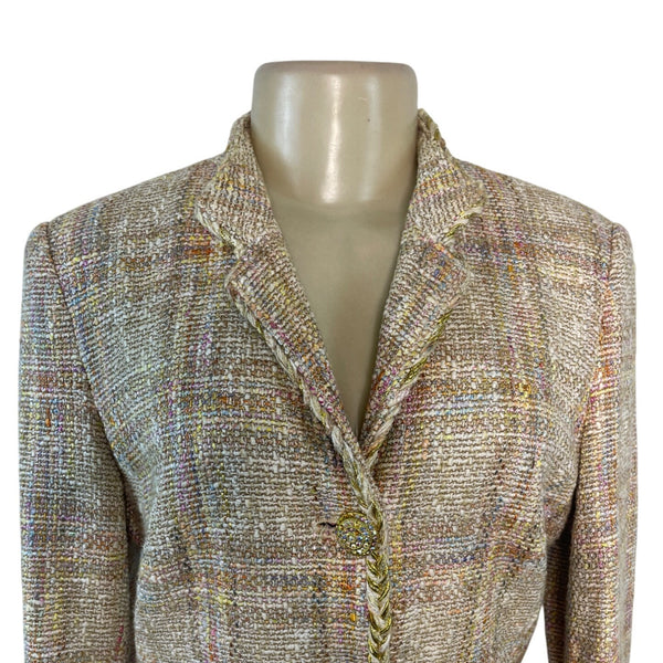 Sutton Studio Women's Beige Tweed Blazer With Gold Braided Trim Sz S