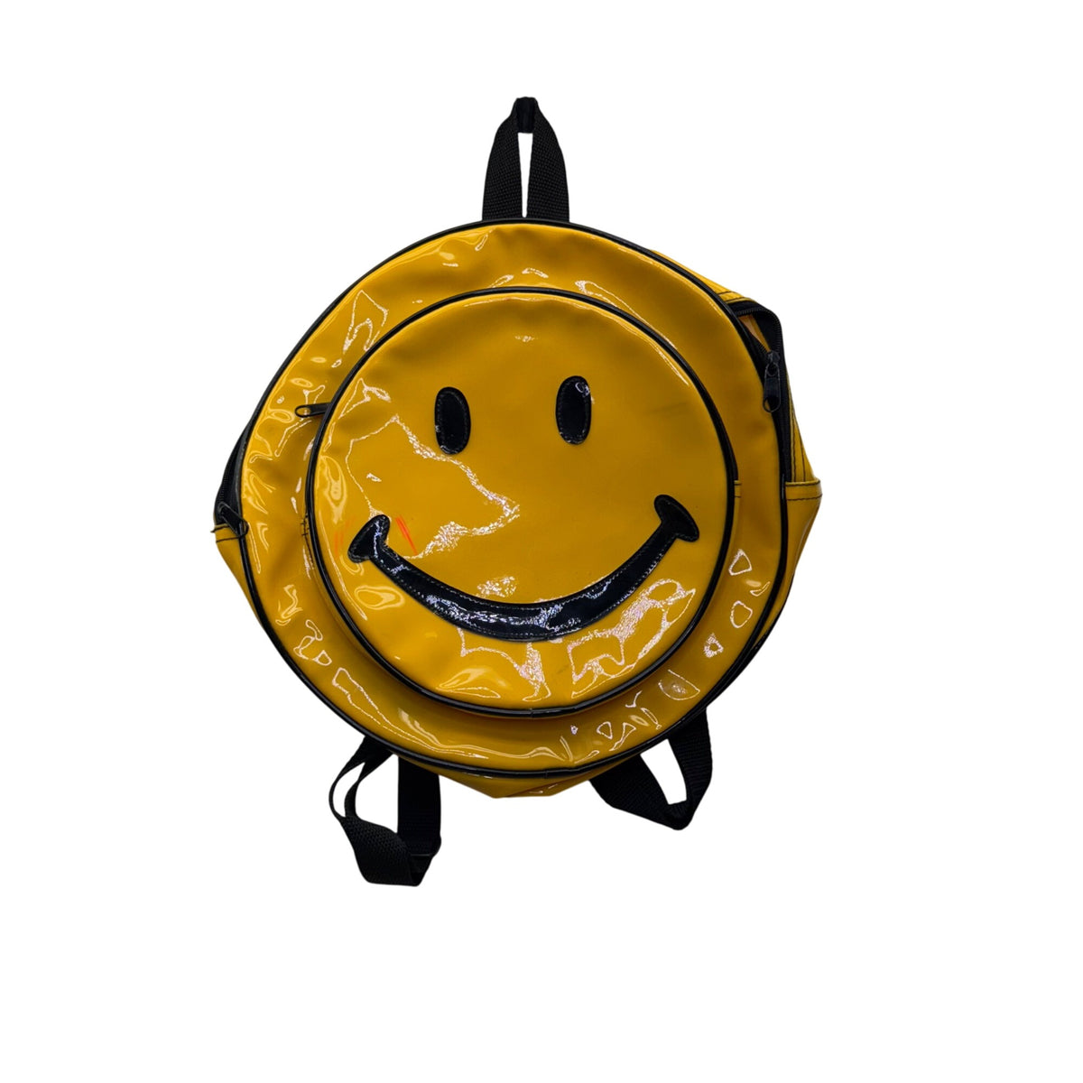 Smiley Face Glossy Yellow Round Backpack PVC Material With Adjustable Straps For Kids/Teens Durable Fun Design