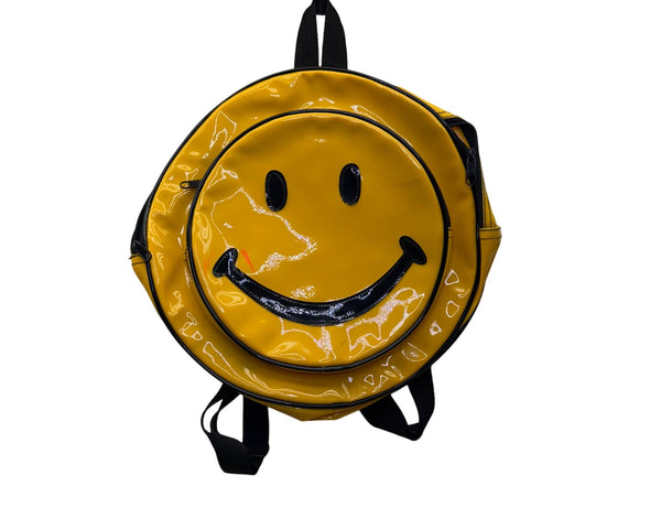 Smiley Face Glossy Yellow Round Backpack PVC Material With Adjustable Straps For Kids/Teens Durable Fun Design