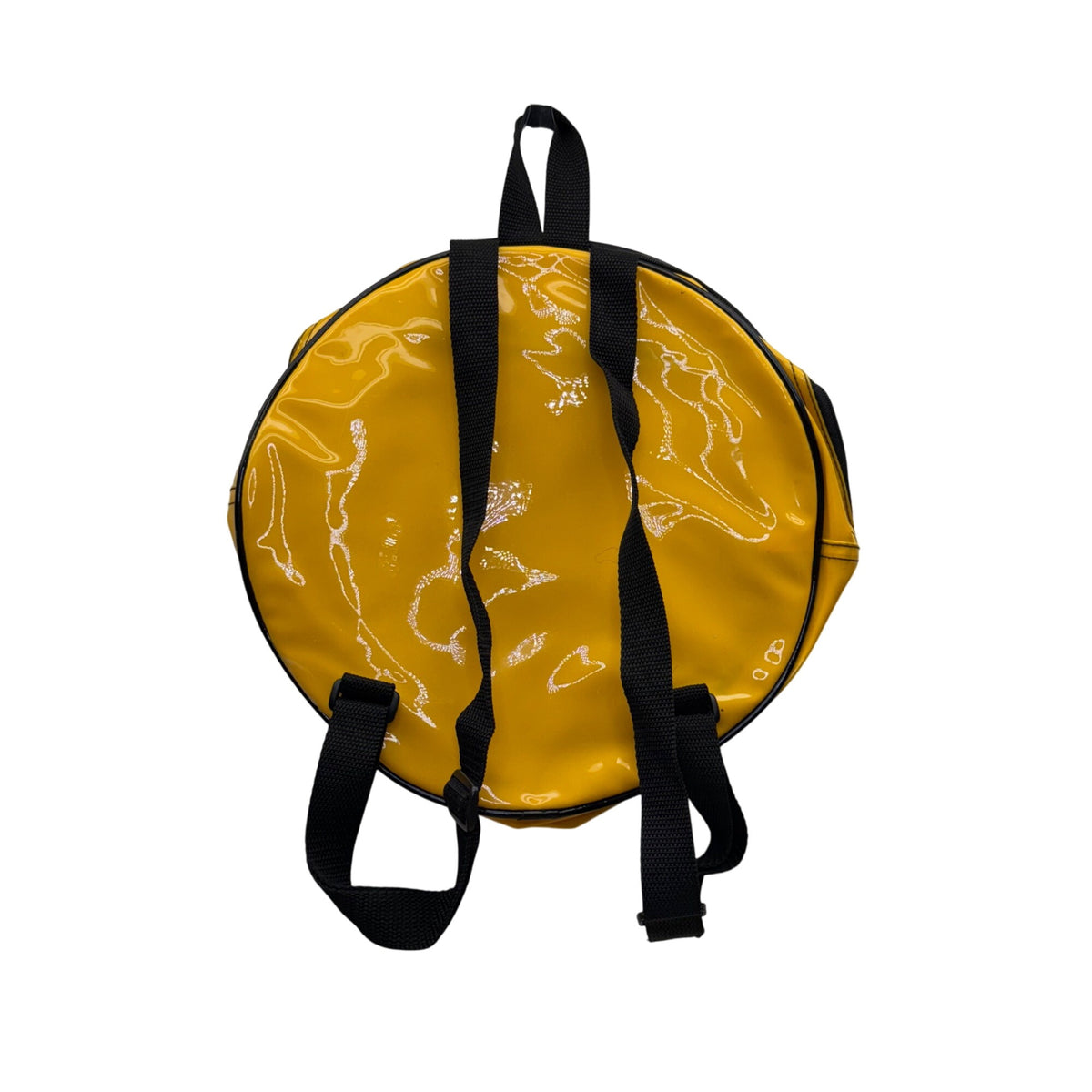 Smiley Face Glossy Yellow Round Backpack PVC Material With Adjustable Straps For Kids/Teens Durable Fun Design