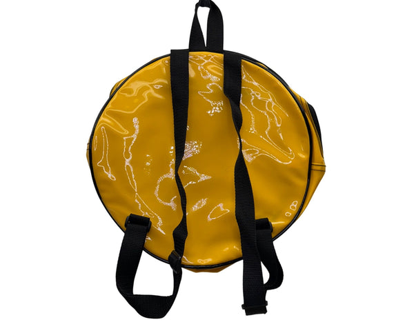 Smiley Face Glossy Yellow Round Backpack PVC Material With Adjustable Straps For Kids/Teens Durable Fun Design