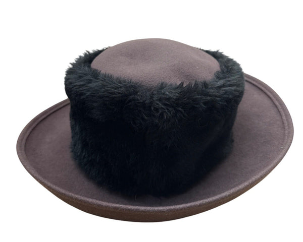 Vintage Commodore Brown Hat With Faux Fur Trimmed Brim For Women Wool Blend