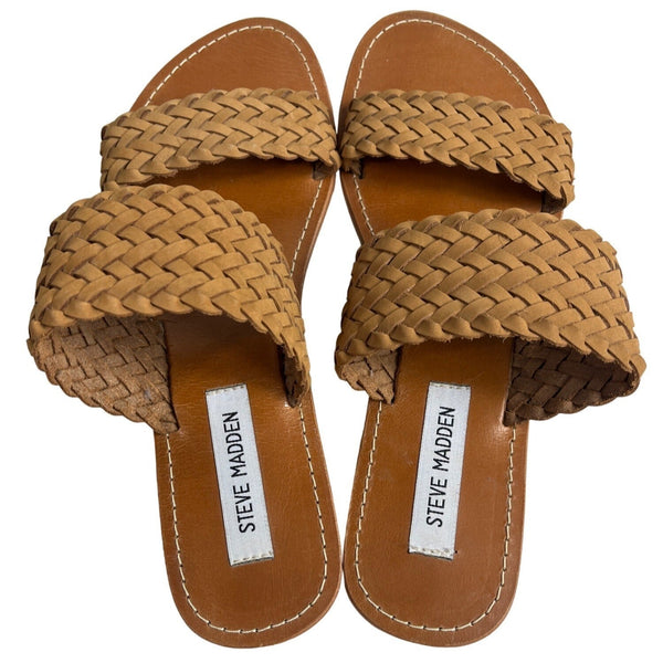 Steve Madden Women's Brown Woven Leather Strap Marvelous Flat Sandals Sz 9.5