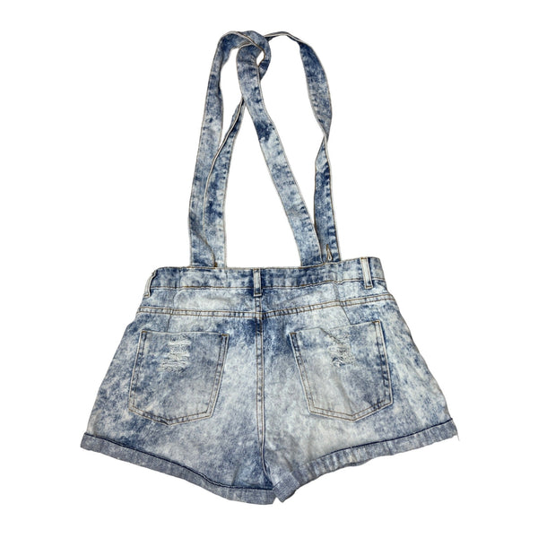 Acid Wash Denim Women's Suspender Shorts Pockets & Distressed Details Sz P