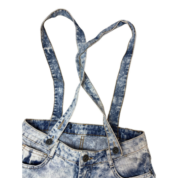 Acid Wash Denim Women's Suspender Shorts Pockets & Distressed Details Sz P