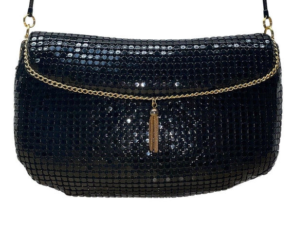 Carla Marchi Black Metal Mesh Gold Chain Accent & Tassel Detail Crossbody Bag