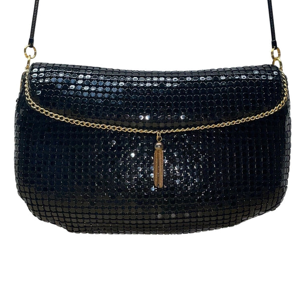 Carla Marchi Black Metal Mesh Gold Chain Accent & Tassel Detail Crossbody Bag