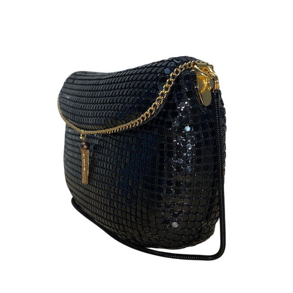 Carla Marchi Black Metal Mesh Gold Chain Accent & Tassel Detail Crossbody Bag