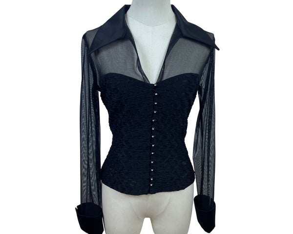 Connected Apparel Women's Black Mesh Long Sleeve Button Down Blouse Size 8