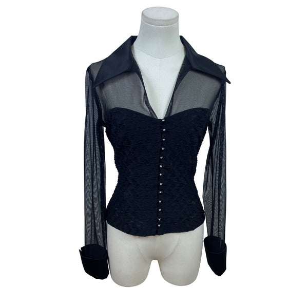 Connected Apparel Womens Black Mesh Long Sleeve Button Down Blouse Size 8