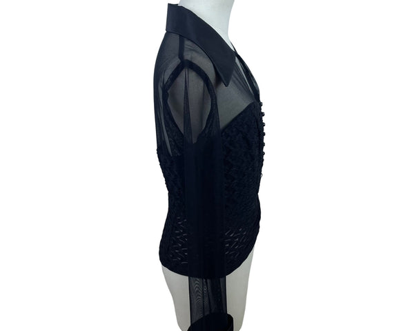 Connected Apparel Women's Black Mesh Long Sleeve Button Down Blouse Size 8
