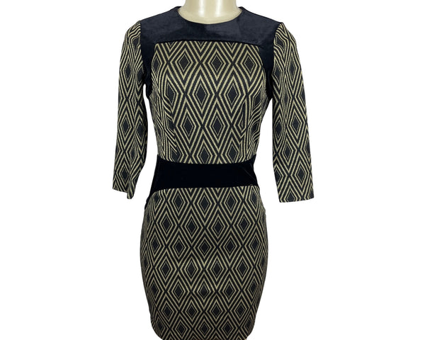 The Limited Black & Tan Diamond Pattern Dress 3/4 Sleeve Size 0