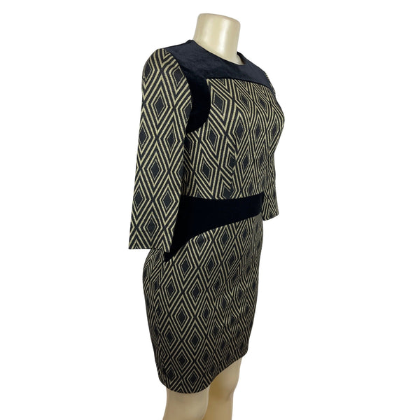The Limited Black & Tan Diamond Pattern Dress 3/4 Sleeve Size 0