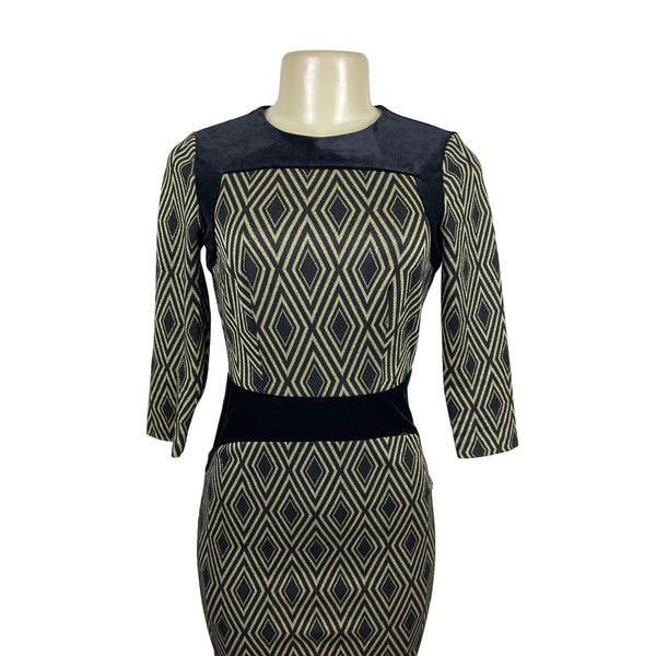 The Limited Black & Tan Diamond Pattern Dress 3/4 Sleeve Size 0