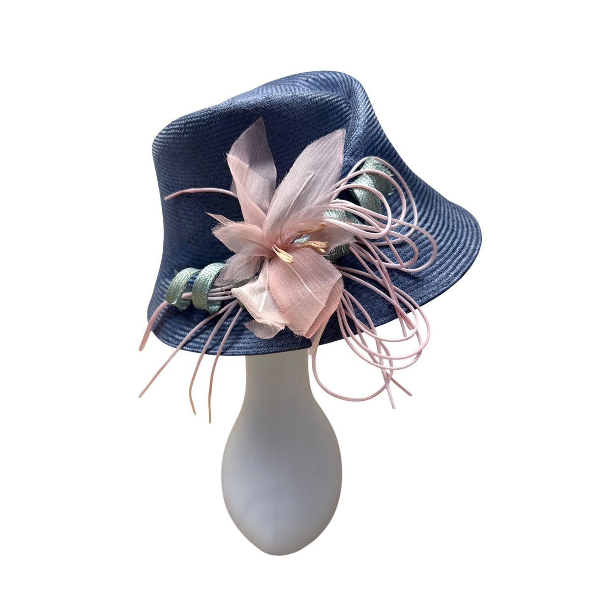 Vtg Nordstrom Blue Straw Hat W/ Pink Floral Accent & Green Ribbon Embellishment