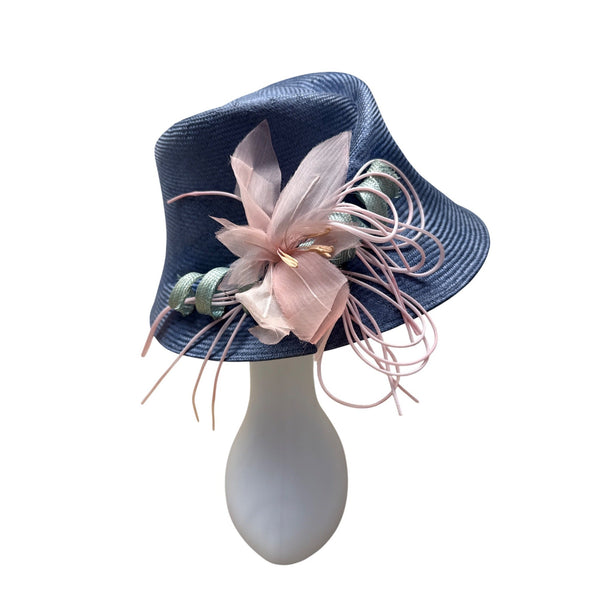 Vtg Nordstrom Blue Straw Hat W/ Pink Floral Accent & Green Ribbon Embellishment