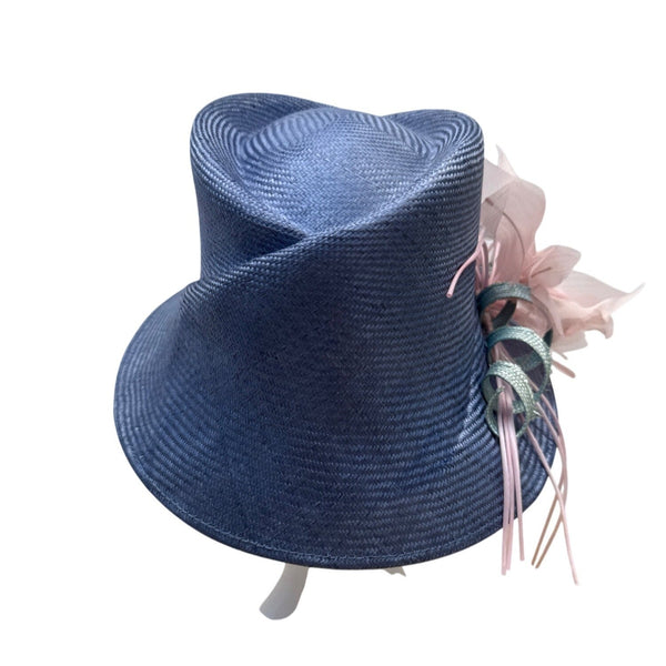 Vtg Nordstrom Blue Straw Hat W/ Pink Floral Accent & Green Ribbon Embellishment