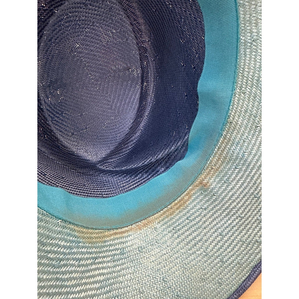 Vtg Nordstrom Blue Straw Hat W/ Pink Floral Accent & Green Ribbon Embellishment