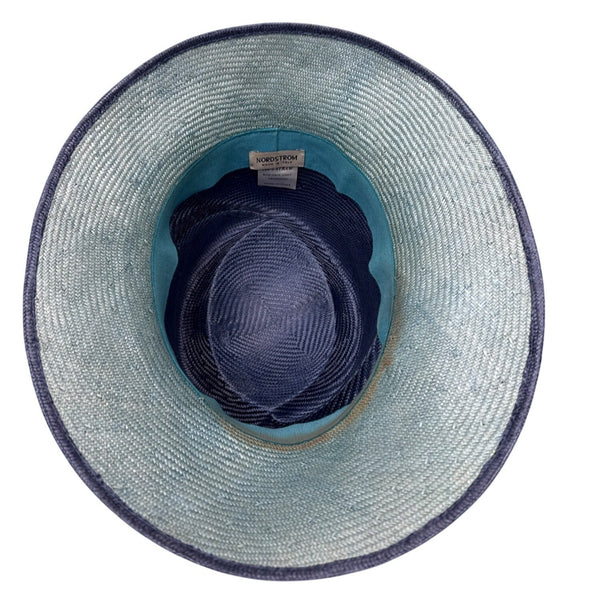 Vtg Nordstrom Blue Straw Hat W/ Pink Floral Accent & Green Ribbon Embellishment