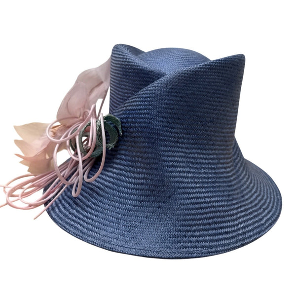 Vtg Nordstrom Blue Straw Hat W/ Pink Floral Accent & Green Ribbon Embellishment