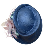 Vtg Nordstrom Blue Straw Hat W/ Pink Floral Accent & Green Ribbon Embellishment