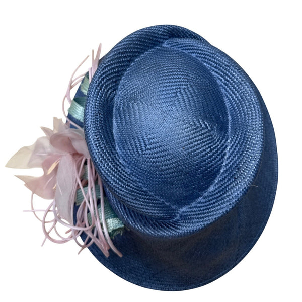 Vtg Nordstrom Blue Straw Hat W/ Pink Floral Accent & Green Ribbon Embellishment