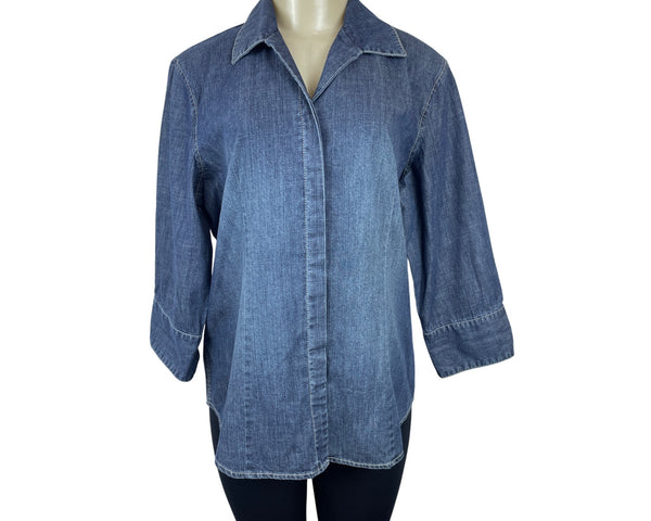 Chicos Womens Devine Denim Lizza 3/4 Sleeve Top Size 2 Indigo Blue Button-Up