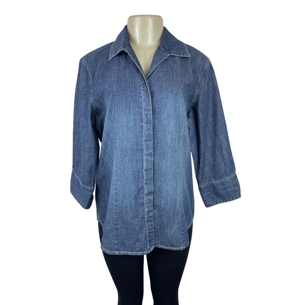 Chicos Womens Devine Denim Lizza 3/4 Sleeve Top Size 2 Indigo Blue Button-Up