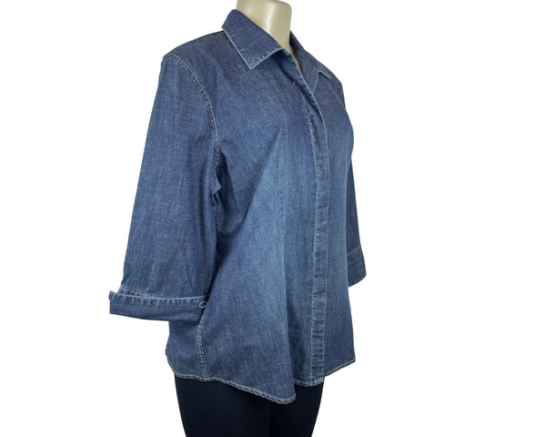 Chicos Womens Devine Denim Lizza 3/4 Sleeve Top Size 2 Indigo Blue Button-Up