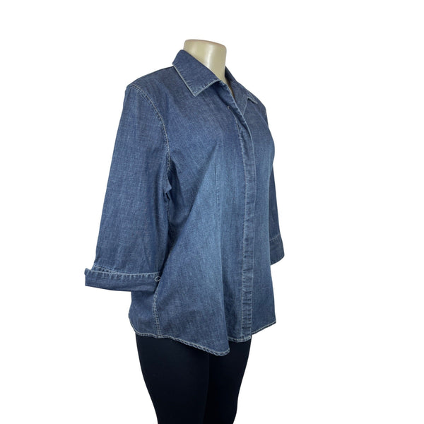 Chicos Womens Devine Denim Lizza 3/4 Sleeve Top Size 2 Indigo Blue Button-Up