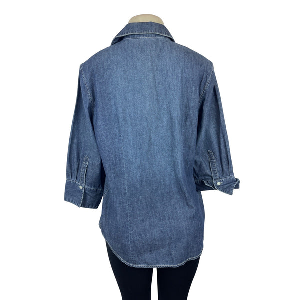 Chicos Womens Devine Denim Lizza 3/4 Sleeve Top Size 2 Indigo Blue Button-Up