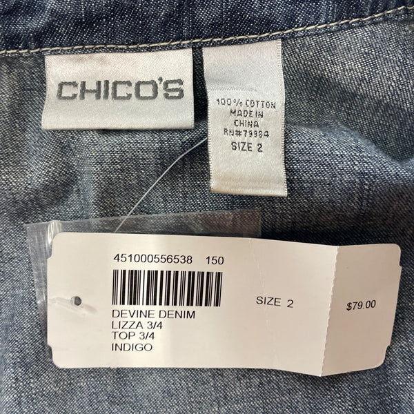 Chicos Womens Devine Denim Lizza 3/4 Sleeve Top Size 2 Indigo Blue Button-Up