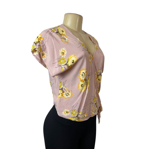 Madewell Women's Pink V- Neck Cropped Floral Short Sleeve Tie Wrap Blouse Sz M