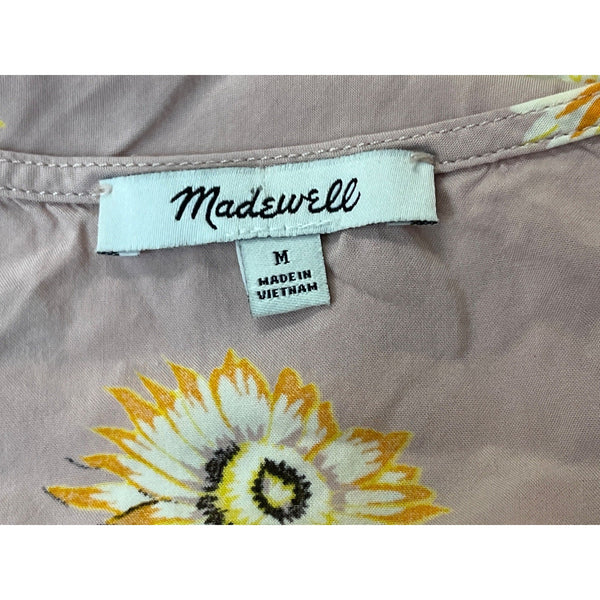 Madewell Women's Pink V- Neck Cropped Floral Short Sleeve Tie Wrap Blouse Sz M
