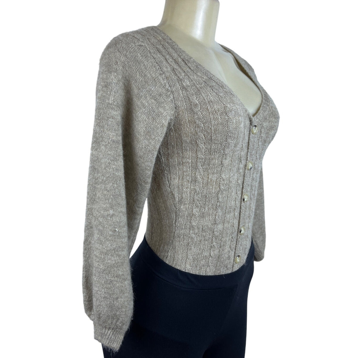 Tach Women’s Brown Cable Knit V Neck Long Sleeve Bodysuit Sweater Size S